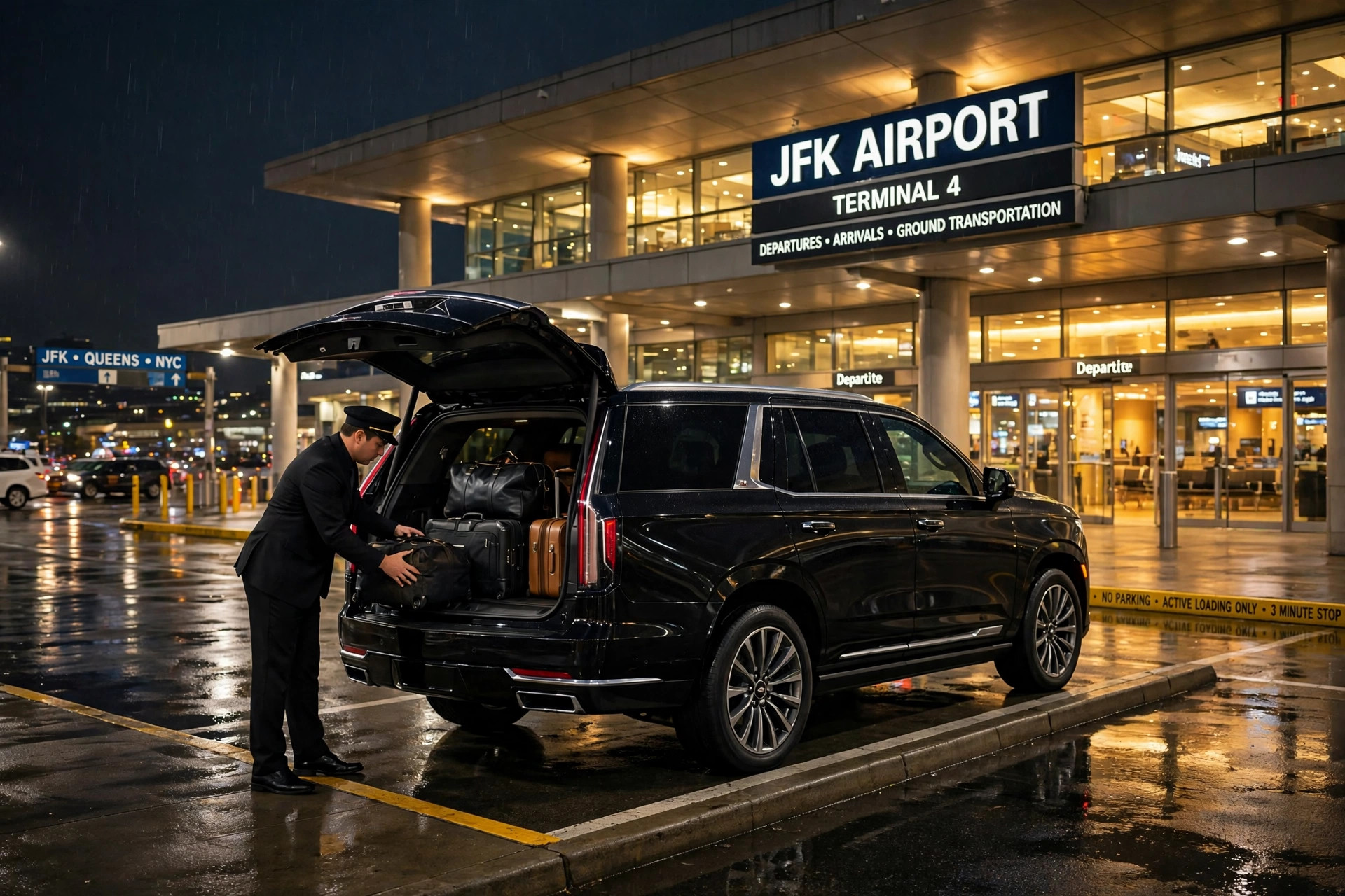 Black premium SUV at an airport terminal