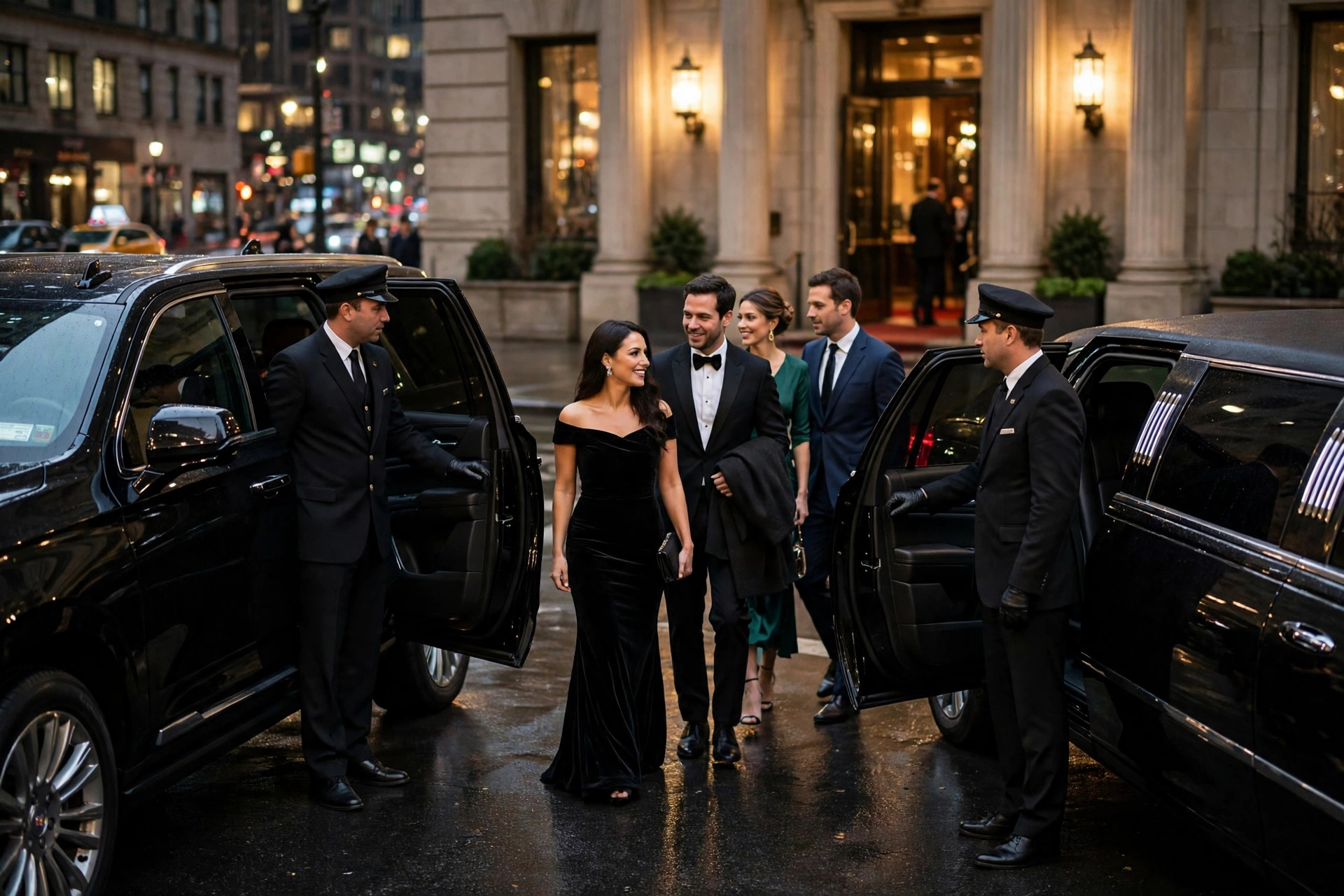 Group arriving by SUV and limousine at an event