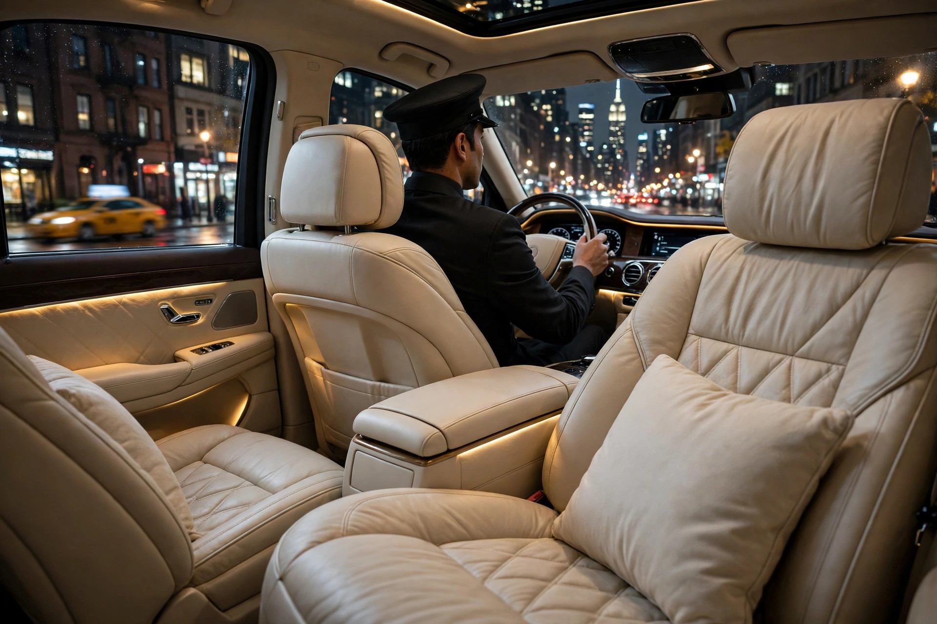 Luxury car interior at night in New York City